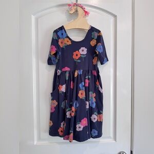 Hanna Andersson Navy Dress with Colorful Floral Print and pockets size 6-7